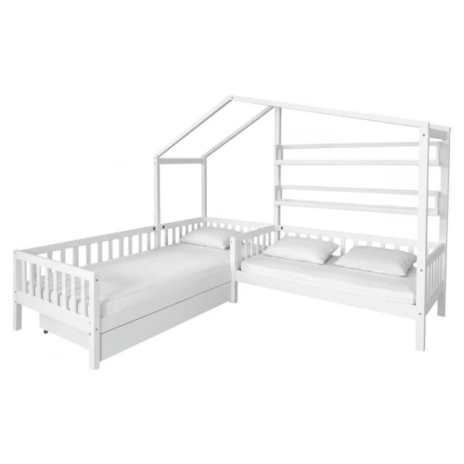 Postel s roštem pro 2 děti, 90x200+70x140 cm, bílá, ENOLA