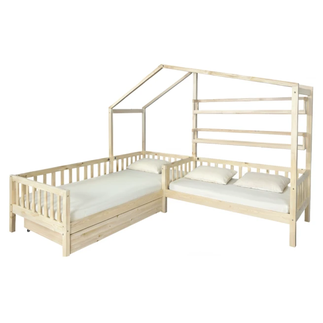 Postel s roštem pro 2 děti, 90x200+70x140 cm, přírodní,…