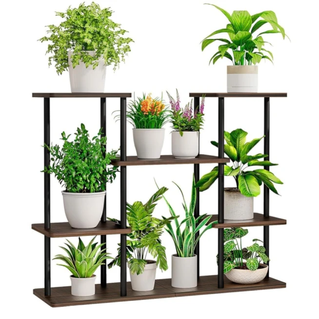 Kovový stojan na květiny, černá/rustikální dřevo, LEDER