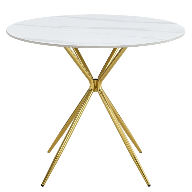 Jídelní stůl, bílý mramor/gold chrom zlatá, průměr 90 cm, MEKNER