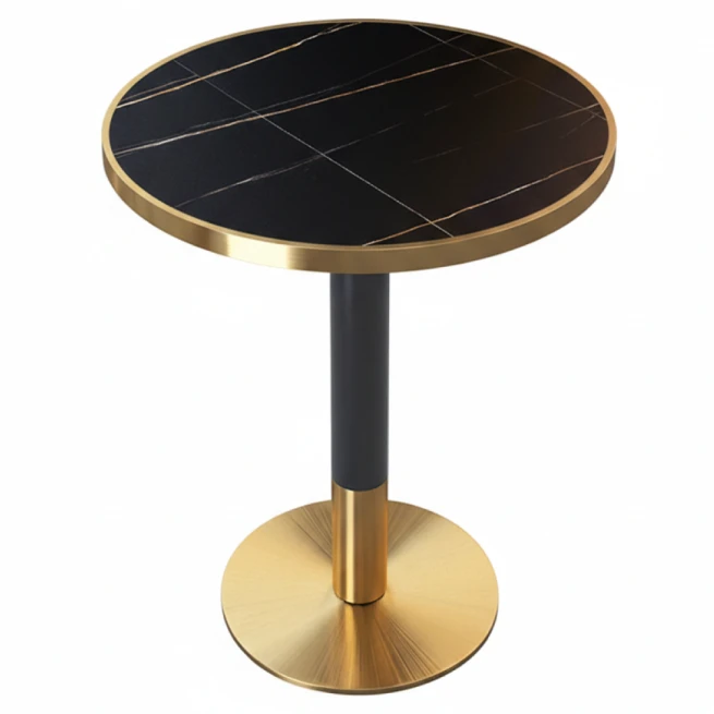 Jídelní bistro stůl, černý mramor/černá/zlatá, průměr 80…