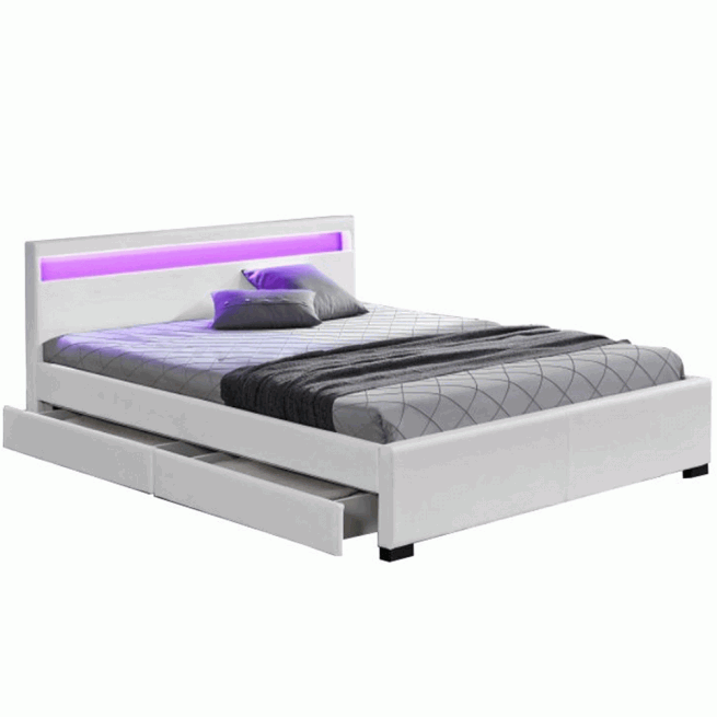 Manželská postel s úložným prostorem, RGB LED osvětlení, bílá ekokůže, 160x200, CLARETA