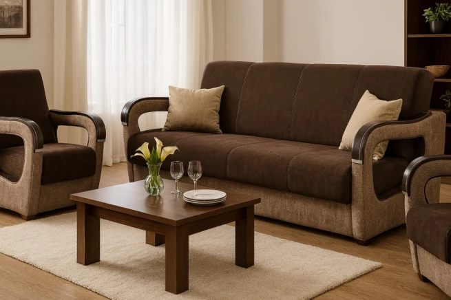 Sedací souprava Vanya 3f+1+1 Vogue 6/3 hnědo béžová se dřevem