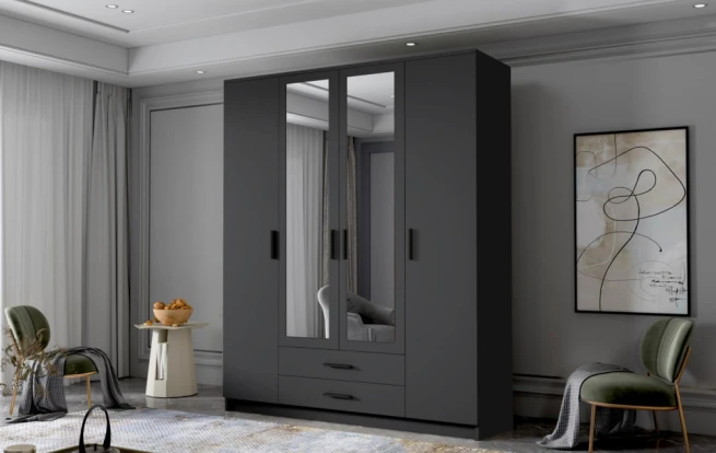 Skříň Arya II 160 - černá/černé úchytky