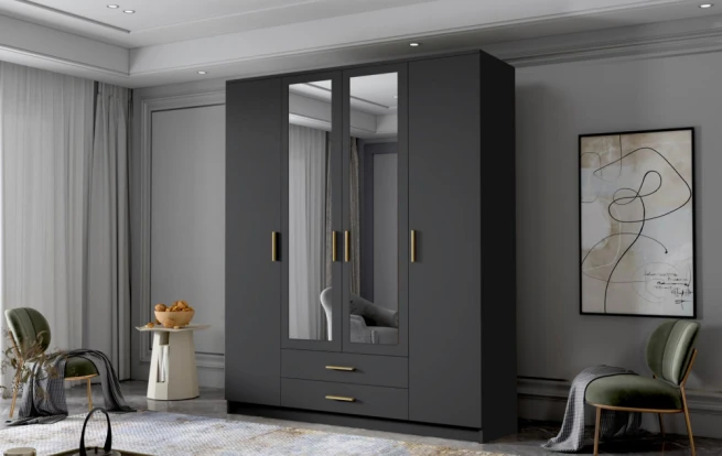 Skříň Arya II 160 - černá/zlaté úchytky