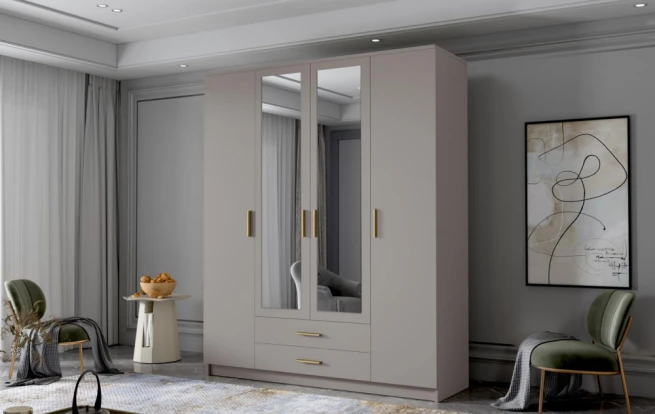 Skříň Arya II 160 - kašmír/zlaté úchytky