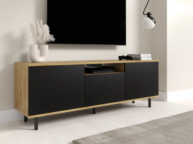 TV skříňka Log 150 dub artisan / černá - kulaté kovové nohy